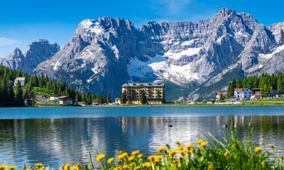 Lake Misurina is the largest alpine lake in the Dolomites, Italy.
