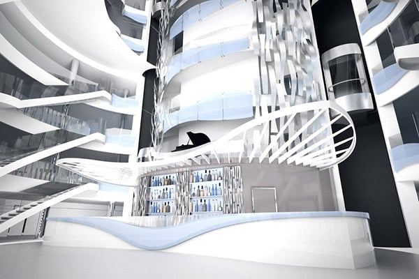 Glass-walled four deck atrium cruise highlight