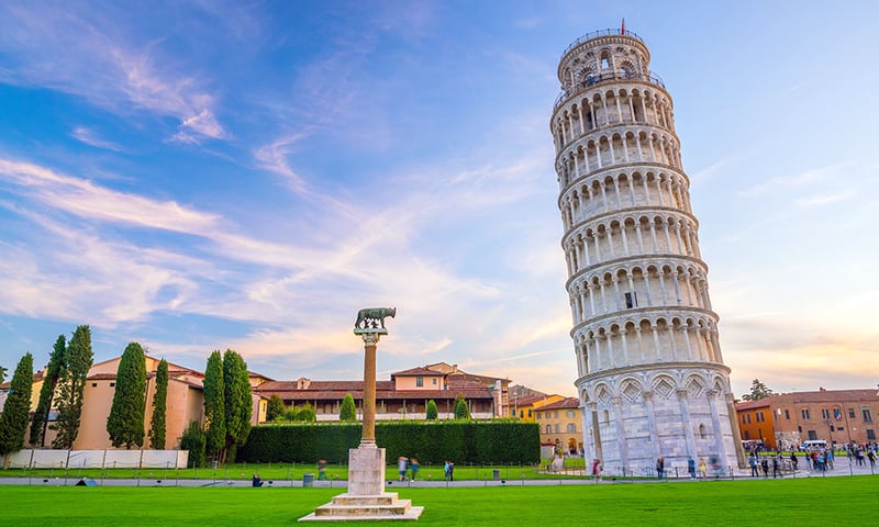See the leaning Tower of Pisa, Italy.