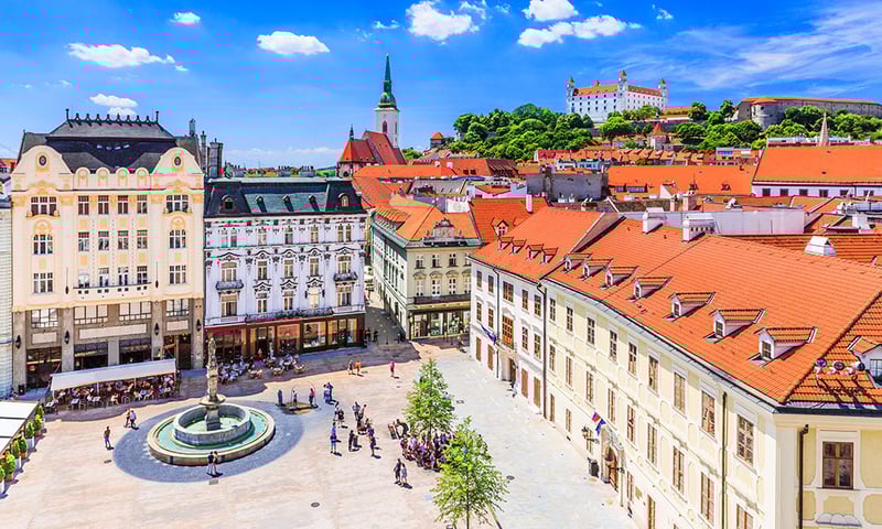Bratislava, the capital of Slovakia, is located near the border of Austria and Hungary.