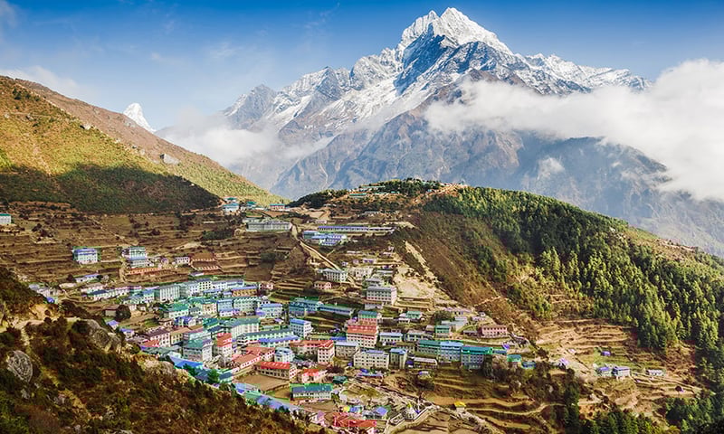 The Namche Bazaar is tucked away between two ridges and offers a magnificent outlook.
