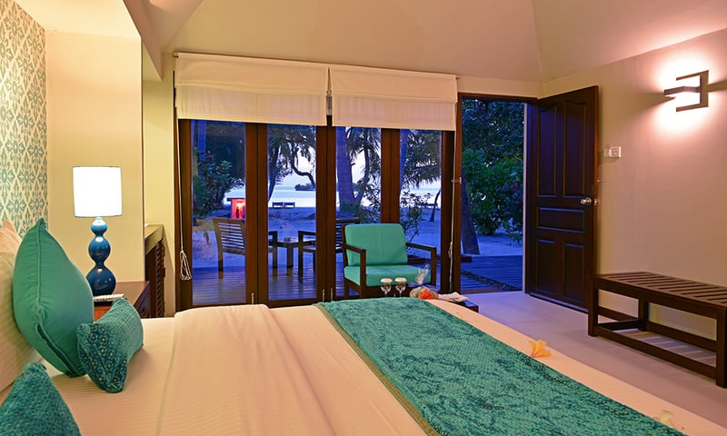 Fall asleep listening to the sea from a Beach Villa at Adaaran Select Hudhuranfushi, Maldives.