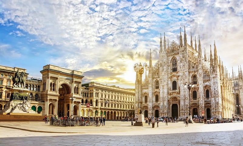 Cathedral Duomo di Milano and Vittorio Emanuele gallery in Square Piazza Duomo at Milan, Italy.