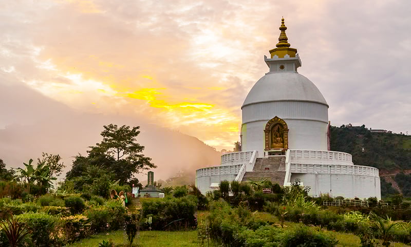 Peace Stupa at sunset in Pokhara, Nepal
