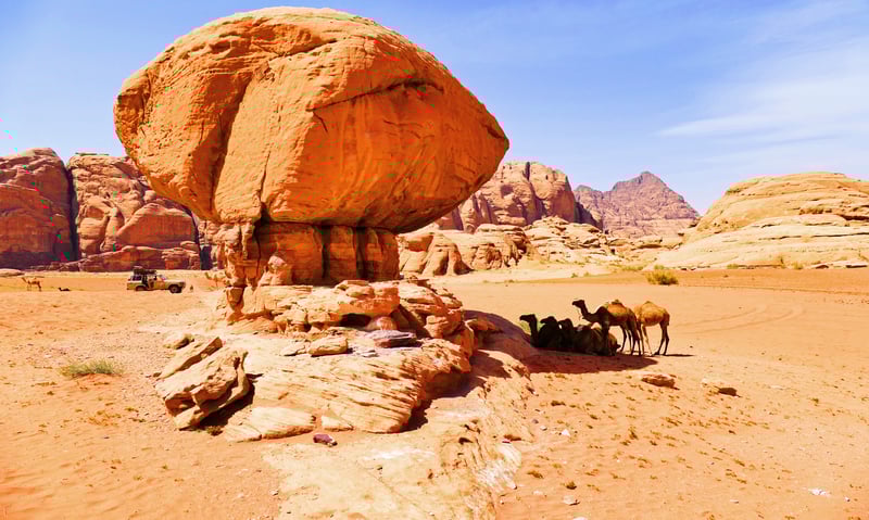 Camel caravan resting under a rock in Wadi Rum, Jordan.