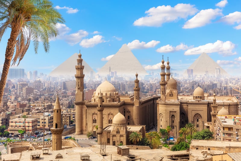 Mosque and Madrasa of Sultan Hasan at dusk, Cairo, Egypt.