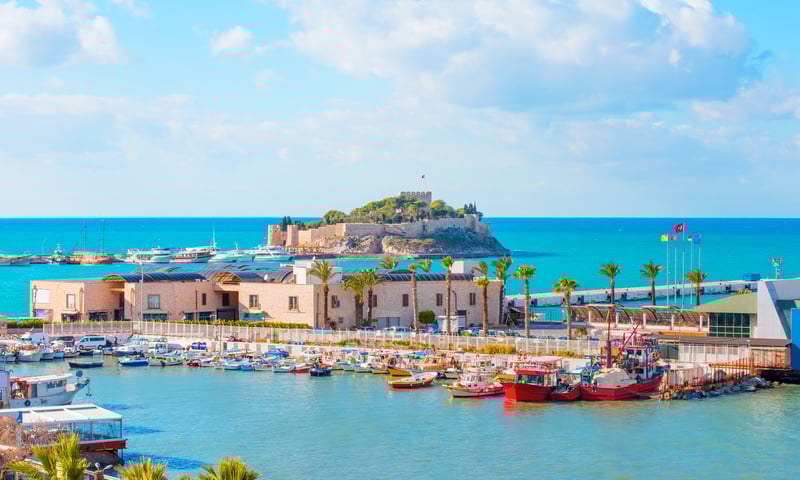Pigeon Island with Pirate Castle in Kusadasi on the Aegean coast, Türkiye.