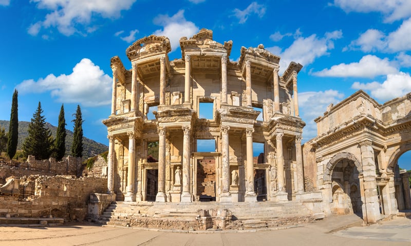 The Library of Celsus, an ancient Roman building in Ephesus, Turkey.