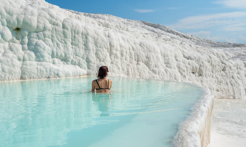 Pamukkale, meaning "cotton castle" in Turkish, is a natural site in southwestern Turkey.