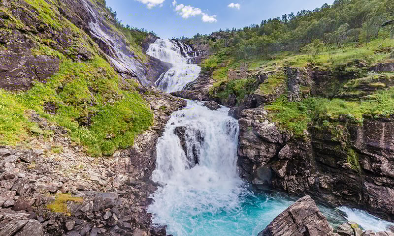 Witness the beautiful Kjosfossen waterfall on a Flam Railway journey, Norway