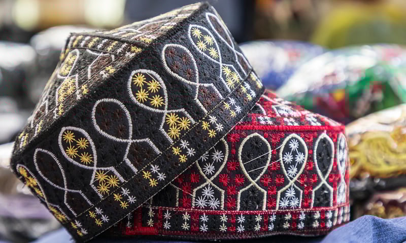 Uighur hats at a local market in Central Asia.