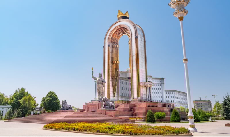 The striking monument of Ismoil Somoni in Ozodi Square, Dushanbe, Tajikistan.