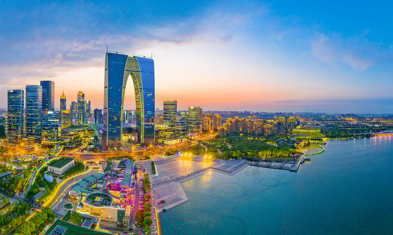 See the delicate contrast between traditional and modern in Suzhou, Jiangsu Province, China.