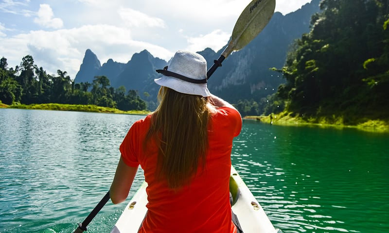Take the opportunity to kayak on the serene waters of Cheow Lan Lake.