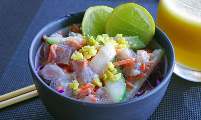 Sample poisson cru, a traditional dish in French Polynesia.
