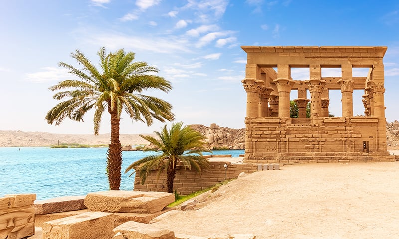 See the Roman Emperor Trajan's Kiosk at the Temple of Philae in Aswan.