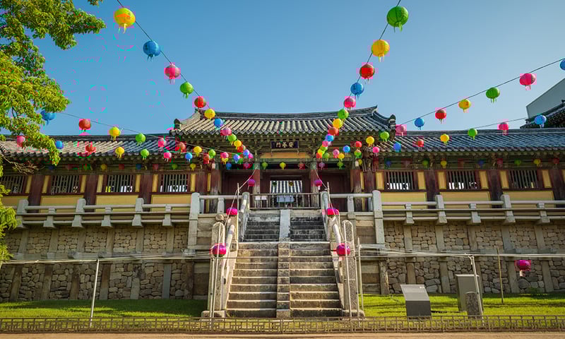 Paper lanterns hang from the buildings at Bulguksa Temple in Gyeongju, South Korea.
