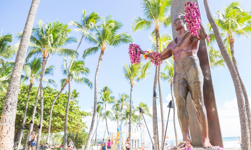 Duke Kahanamoku statue is located on Waikiki's Kuhio Beach Park, Honolulu, Hawaii.