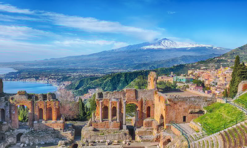 Taormina is a coastal hilltop town in Sicily near Mount Etna, Italy, shore excursion, charges apply.