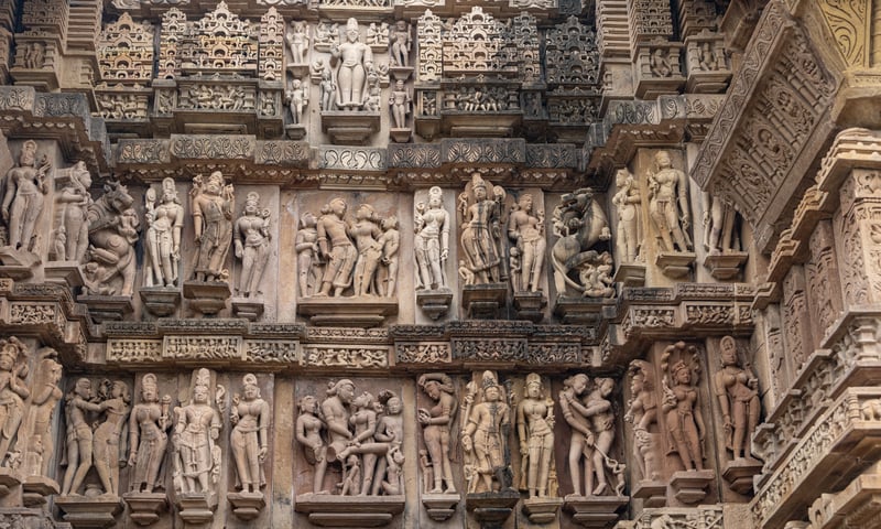 The sculptures on the temples' walls depict the goals of human life based on Hinduism.