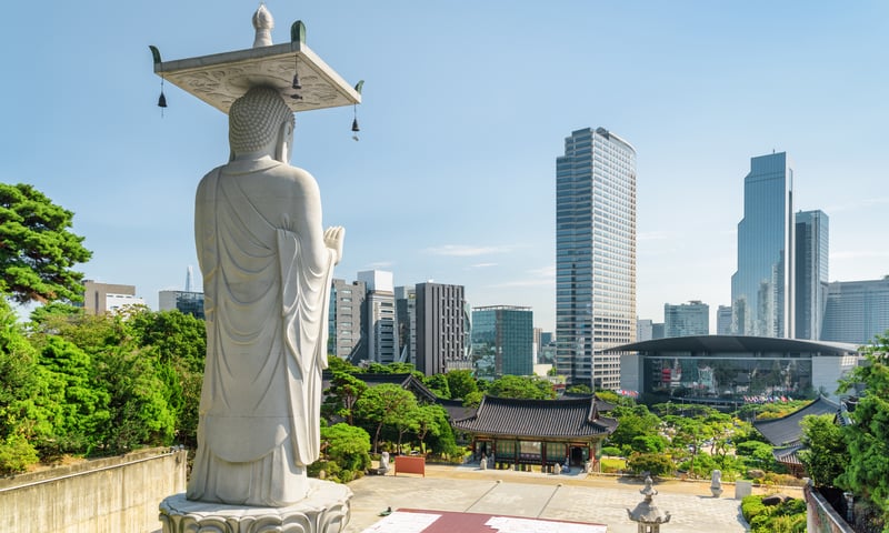 Bongeunsa Temple in modern Gangnam District in Seoul, South Korea.