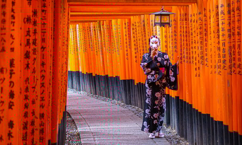 Red Torii gates in Fushimi Inari shrine in Kyoto, Japan.