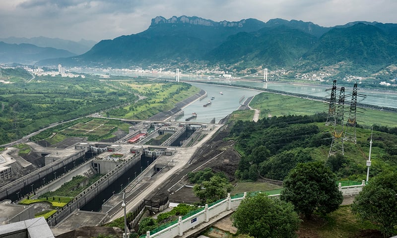 An aerial view of China's monumental Three Gorges Dam.