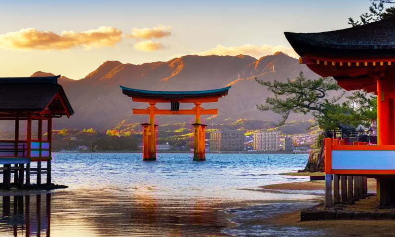 The giant Great Torii Gate in Miyajima Island, Hiroshima, Japan.