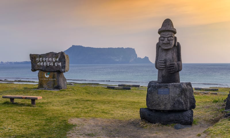 Dol Hareubang statues are traditional to Jeju Island, South Korea,