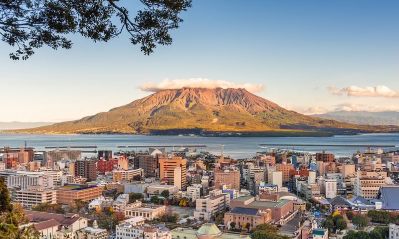 Sakurajima Island is a volcano that faces Kinko Bay and the city of Kagoshima, Japan.