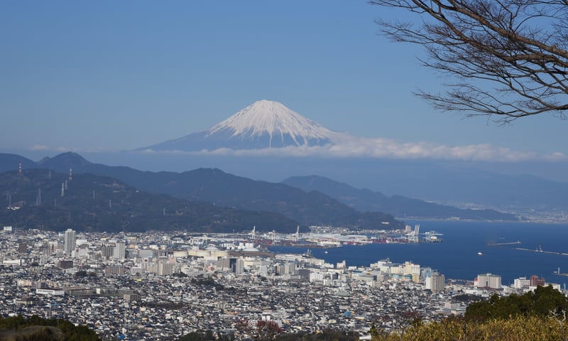 Shimizu city and Mount Fuji, Japan.