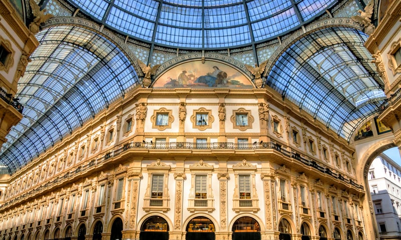 Walk through the Galleria Vittorio Emanuele II shopping mall in Milan, Italy.