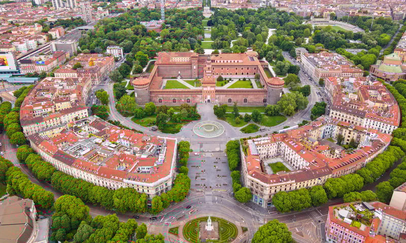 Admire Sforza Castle on a walking tour of Milan, Italy.