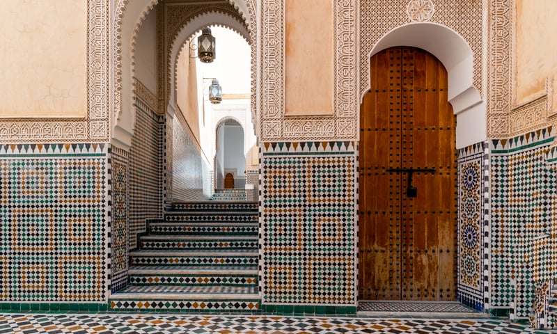 See wonderful mosaics at the Medersa Bou Inania in Fes, Morocco.