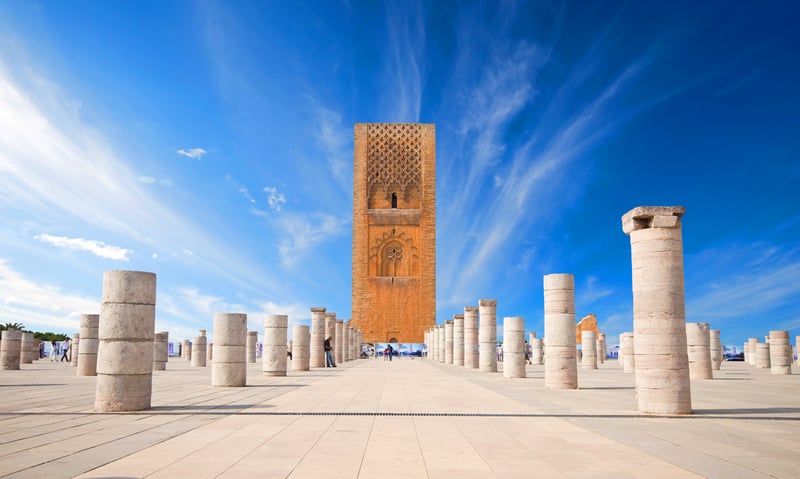 See the imposing Hassan Tower in Rabat, Morocco.