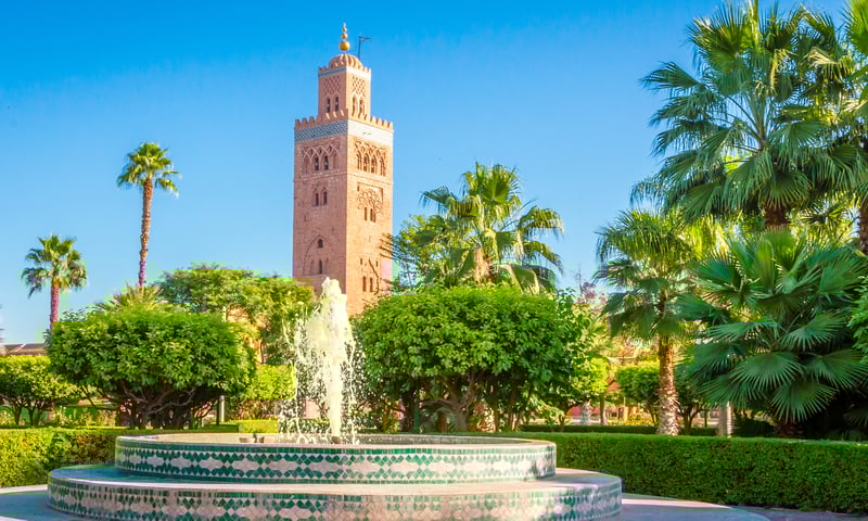 See the historic Koutoubia Mosque in Marrakesh, Morocco.