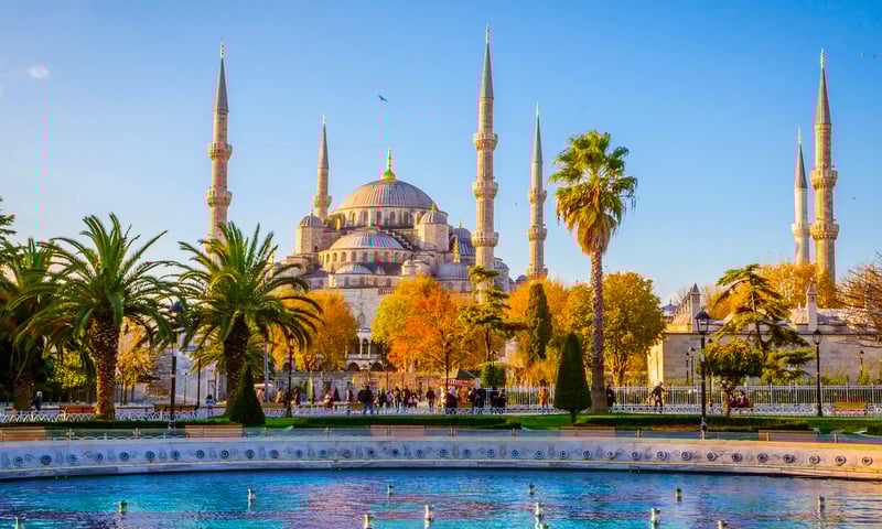 See the famed Sultan Ahmed Mosque in Istanbul, Türkiye.