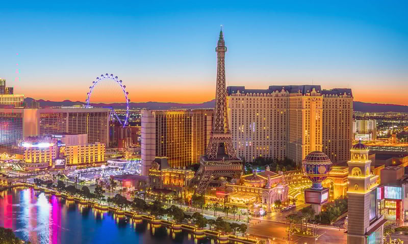 Take in the bright lights of Las Vegas, Nevada.
