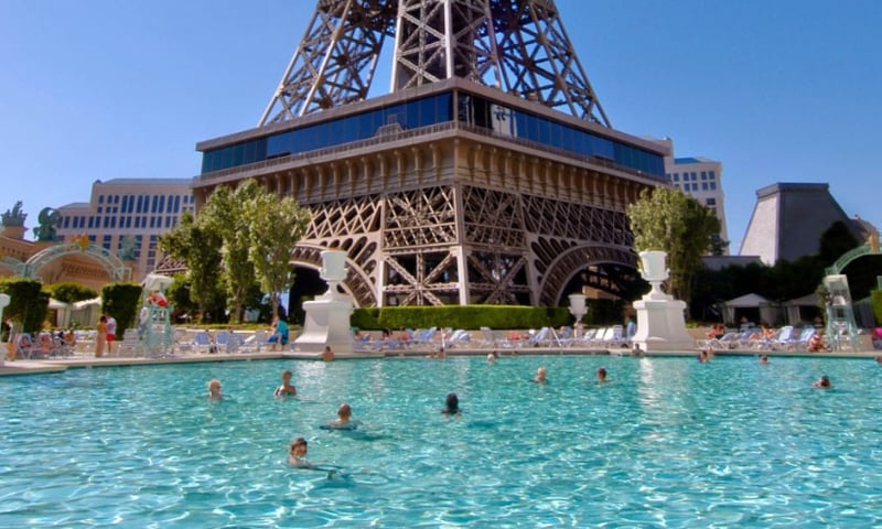 See the replica Eiffel Tower at Paris Hotel & Casino in Las Vegas, Nevada.