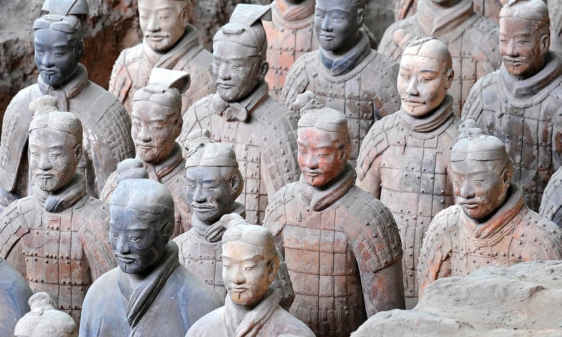 Terracotta Army, located to the east of Xi'an, displays an array of clay soldiers.