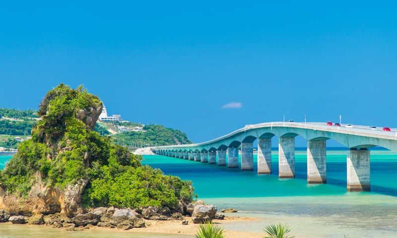 See the panoramic views from Kouri Bridge, Okinawa, Japan.
