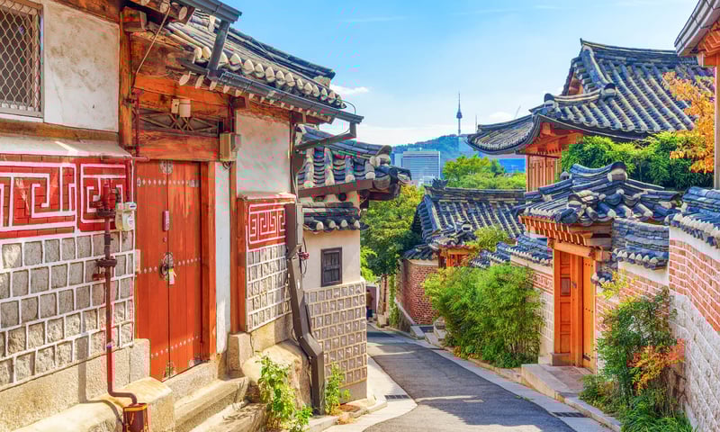 Wander through Bukchon Hanok Village in Seoul, South Korea.