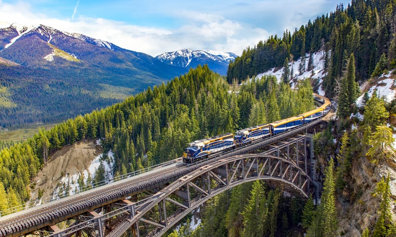 Embark on a journey through the Canadian Rocky Mountains onboard the Rocky Mountaineer train.