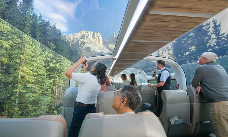 Upgrade to GoldLeaf service for fully domed panoramas onboard Rocky Mountaineer.