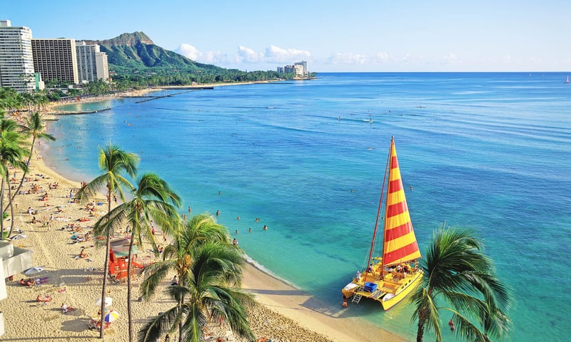 Stroll along the world-famous Waikiki Beach, Hawaii.