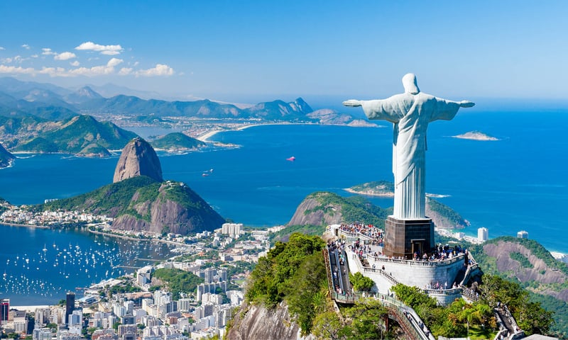Rio de Janeiro's Christ the Redeemer statue overlooks the scenic Guanabara Bay.