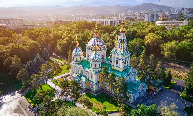 The towers of the Russian Orthodox Ascension Cathedral rise above Almaty, Kazakhstan.