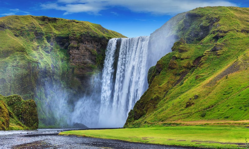 Experience the sheer power and majesty of Iceland's Skogafoss Waterfall.