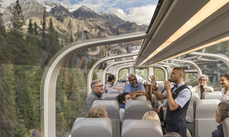 Upgrade to GoldLeaf service for fully-domed panoramas onboard Rocky Mountaineer.