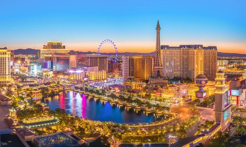 Take in the bright lights of Las Vegas, Nevada.